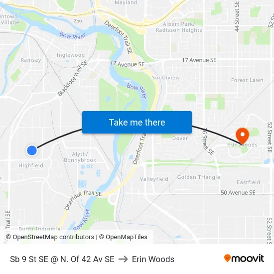 Sb 9 St SE @ N. Of 42 Av SE to Erin Woods map
