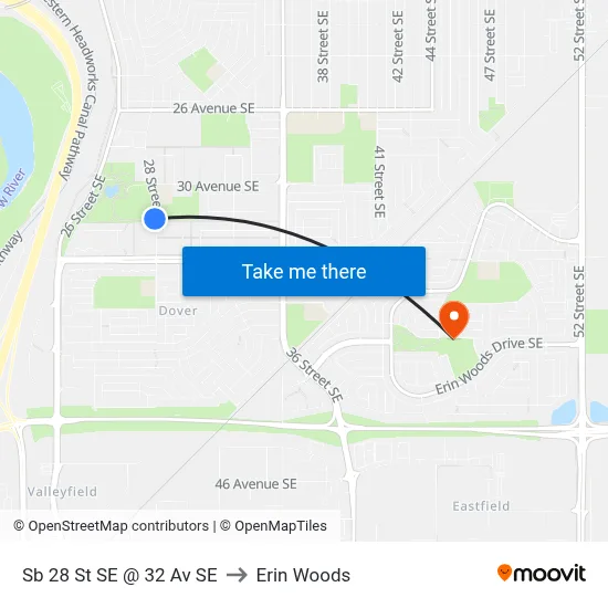 Sb 28 St SE @ 32 Av SE to Erin Woods map