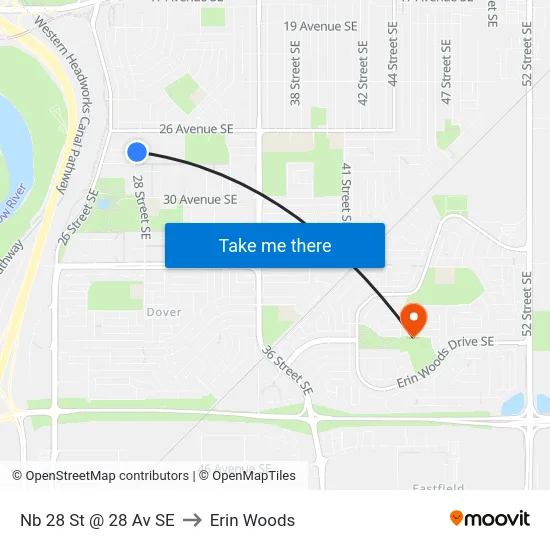 Nb 28 St @ 28 Av SE to Erin Woods map