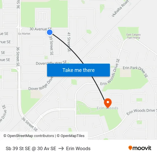 Sb 39 St SE @ 30 Av SE to Erin Woods map
