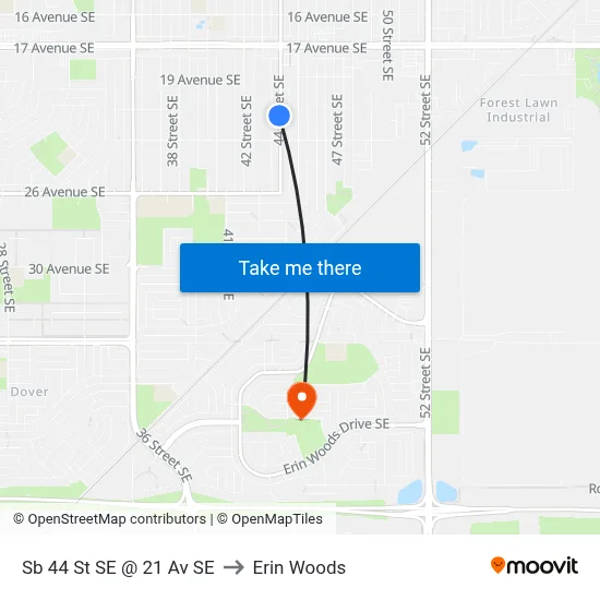 Sb 44 St SE @ 21 Av SE to Erin Woods map