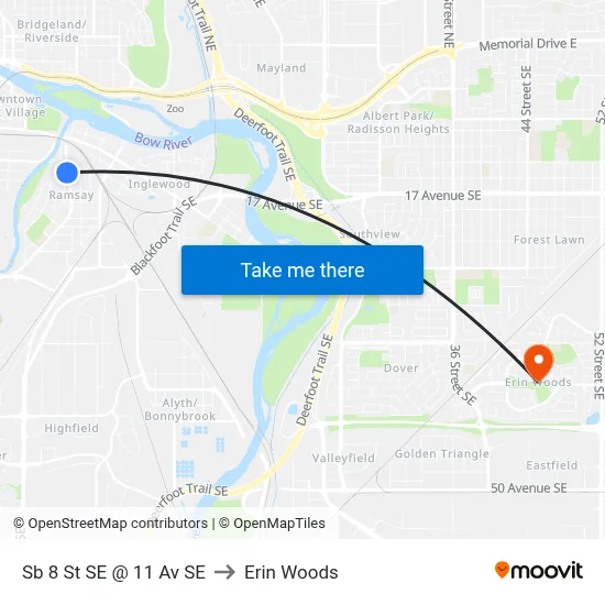 Sb 8 St SE @ 11 Av SE to Erin Woods map