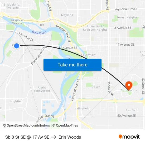 Sb 8 St SE @ 17 Av SE to Erin Woods map