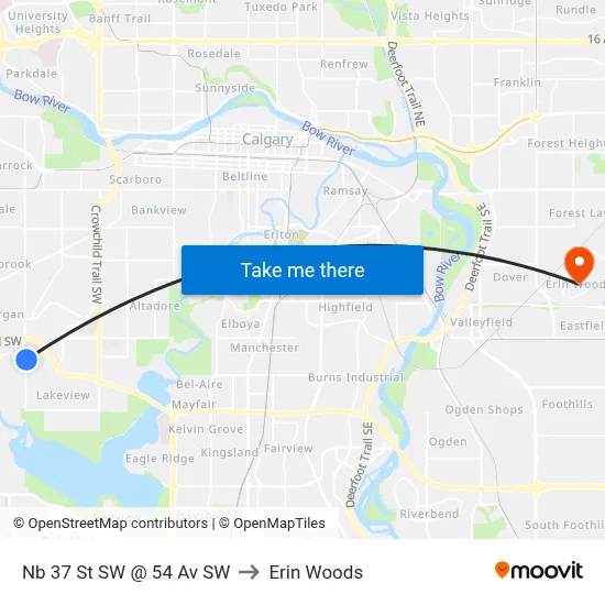 Nb 37 St SW @ 54 Av SW to Erin Woods map