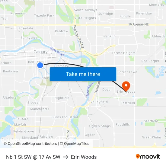 Nb 1 St SW @ 17 Av SW to Erin Woods map