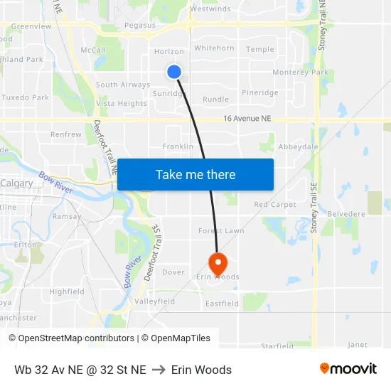 Wb 32 Av NE @ 32 St NE to Erin Woods map