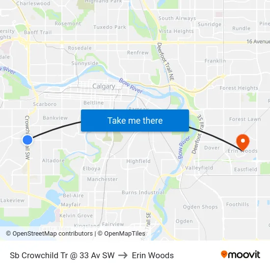 Sb Crowchild Tr @ 33 Av SW to Erin Woods map