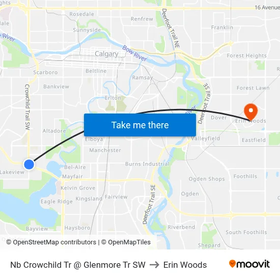 Nb Crowchild Tr @ Glenmore Tr SW to Erin Woods map