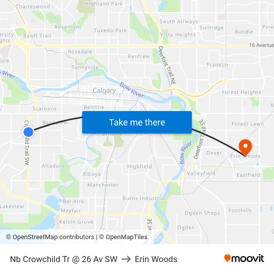 Nb Crowchild Tr @ 26 Av SW to Erin Woods map