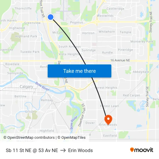 Sb 11 St NE @ 53 Av NE to Erin Woods map