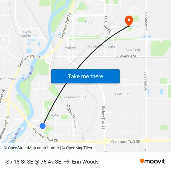 Sb 18 St SE @ 76 Av SE to Erin Woods map