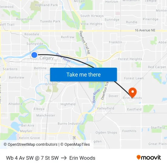 Wb 4 Av SW @ 7 St SW to Erin Woods map