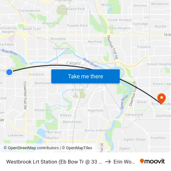 Westbrook Lrt Station (Eb Bow Tr @ 33 St Sw) to Erin Woods map