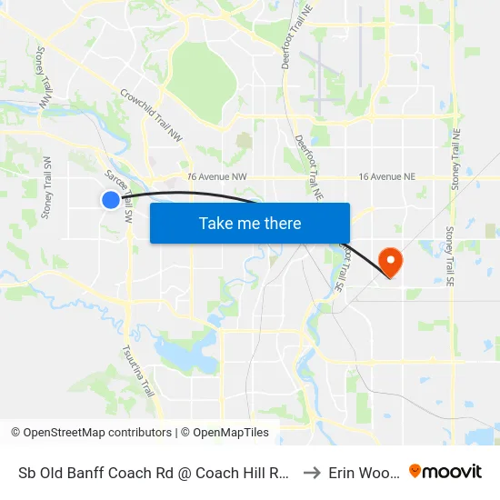 Sb  Old Banff Coach Rd @ Coach Hill Rd SW to Erin Woods map