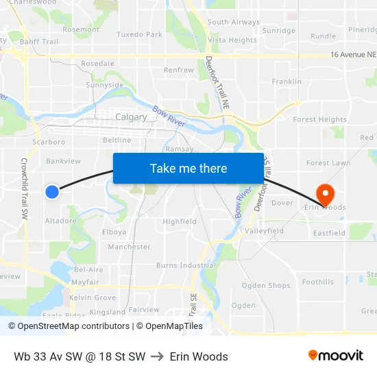 Wb 33 Av SW @ 18 St SW to Erin Woods map