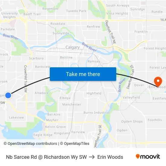 Nb Sarcee Rd @ Richardson Wy SW to Erin Woods map
