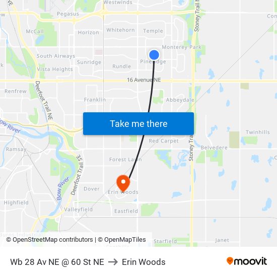 Wb 28 Av NE @ 60 St NE to Erin Woods map