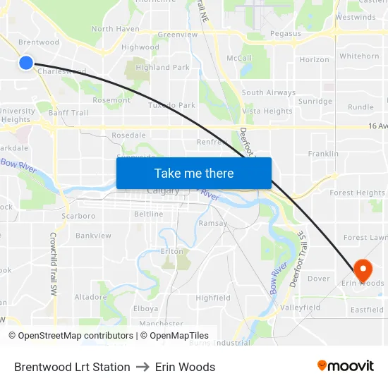 Brentwood Lrt Station to Erin Woods map