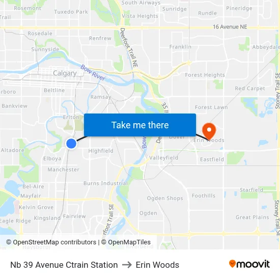 Nb 39 Avenue Ctrain Station to Erin Woods map