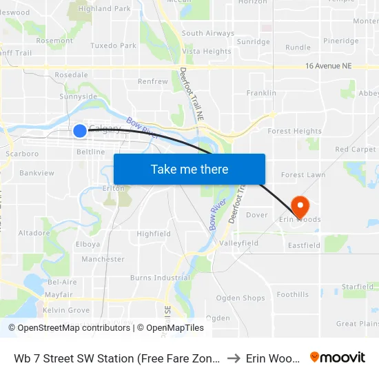Wb 7 Street SW Station (Free Fare Zone) to Erin Woods map