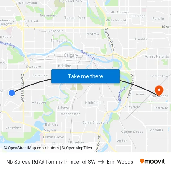 Nb Sarcee Rd @ Tommy Prince Rd SW to Erin Woods map