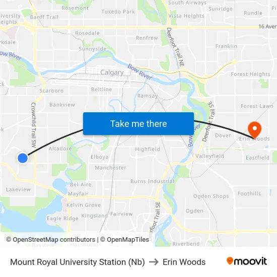 Mount Royal University Station (Nb) to Erin Woods map
