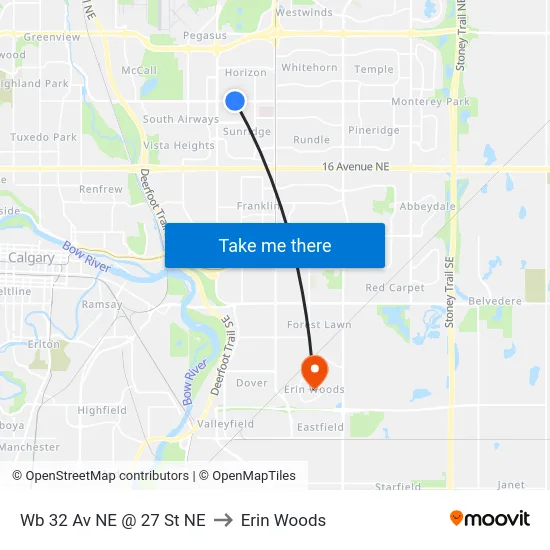 Wb 32 Av NE @ 27 St NE to Erin Woods map