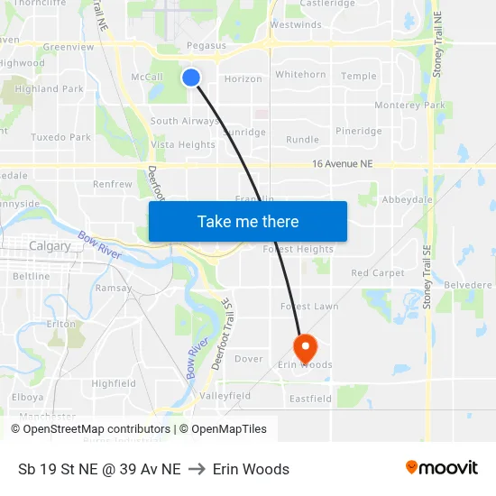 Sb 19 St NE @ 39 Av NE to Erin Woods map