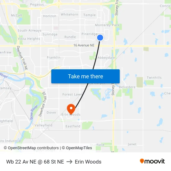 Wb 22 Av NE @ 68 St NE to Erin Woods map