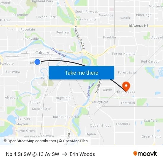Nb 4 St SW @ 13 Av SW to Erin Woods map