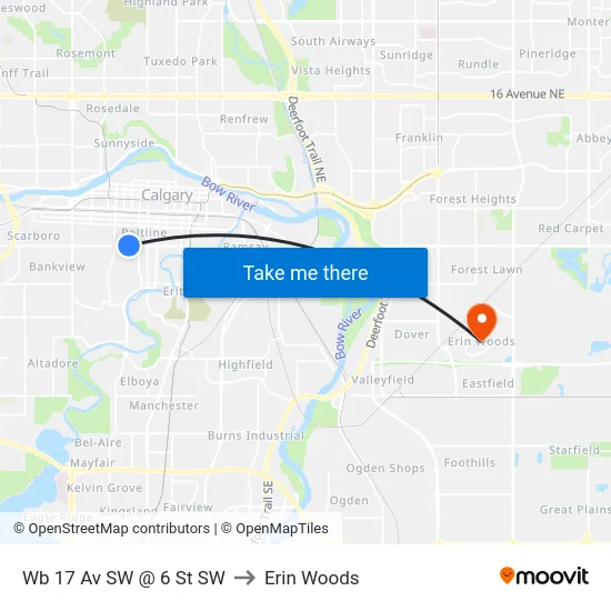 Wb 17 Av SW @ 6 St SW to Erin Woods map