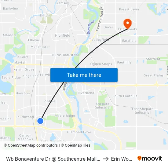 Wb Bonaventure Dr @  Southcentre Mall (Wb) to Erin Woods map