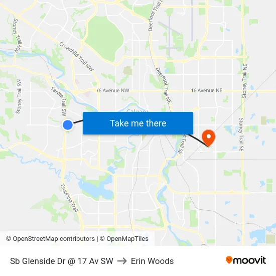 Sb Glenside Dr @ 17 Av SW to Erin Woods map