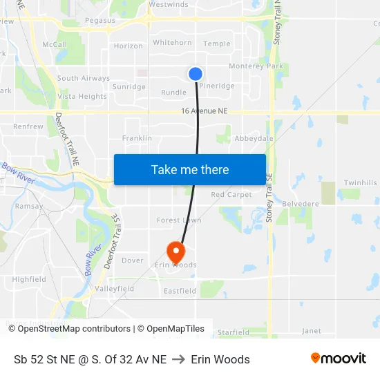 Sb 52 St NE @ S. Of 32 Av NE to Erin Woods map
