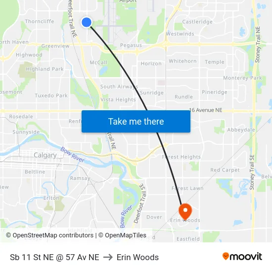 Sb 11 St NE @ 57 Av NE to Erin Woods map