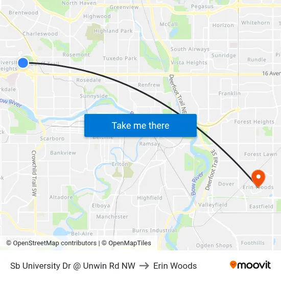 Sb University Dr @ Unwin Rd NW to Erin Woods map