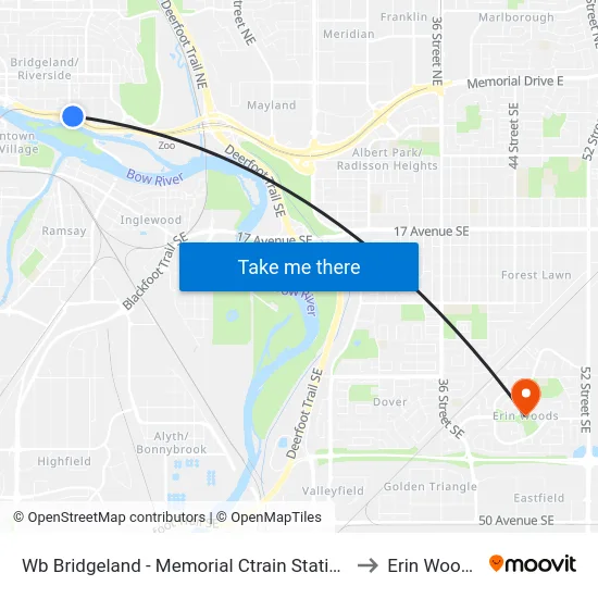 Wb Bridgeland - Memorial Ctrain Station to Erin Woods map