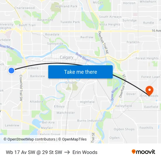 Wb 17 Av SW @ 29 St SW to Erin Woods map