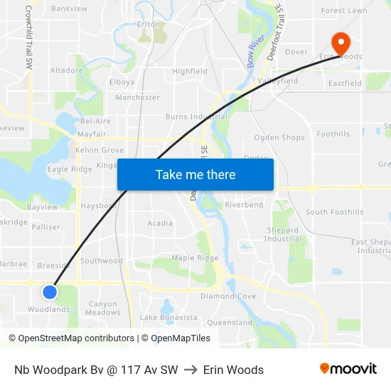Nb Woodpark Bv @ 117 Av SW to Erin Woods map