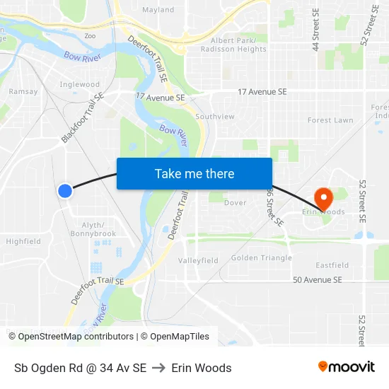 Sb Ogden Rd @ 34 Av SE to Erin Woods map