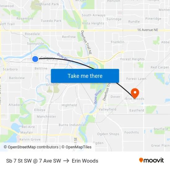 Sb 7 St SW @ 7 Ave SW to Erin Woods map