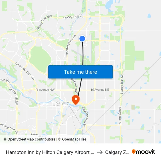 Hampton Inn by Hilton Calgary Airport North to Calgary Zoo map