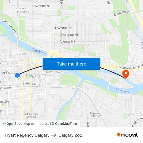 Hyatt Regency Calgary to Calgary Zoo map