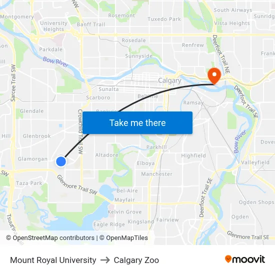 Mount Royal University to Calgary Zoo map