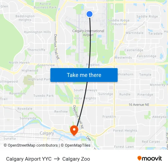 Calgary Airport YYC to Calgary Zoo map