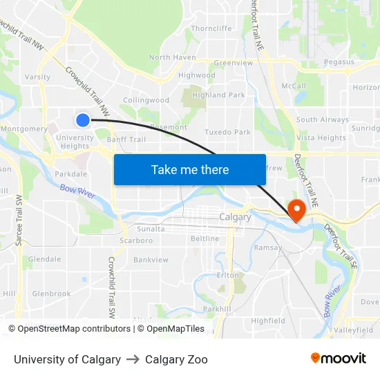 University of Calgary to Calgary Zoo map