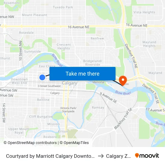 Courtyard by Marriott Calgary Downtown to Calgary Zoo map
