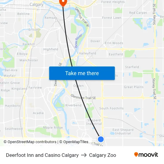 Deerfoot Inn and Casino Calgary to Calgary Zoo map