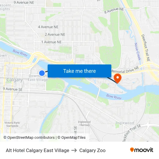 Alt Hotel Calgary East Village to Calgary Zoo map