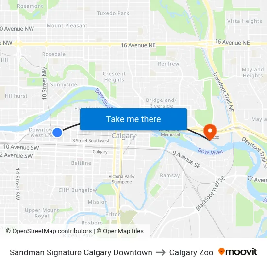 Sandman Signature Calgary Downtown to Calgary Zoo map